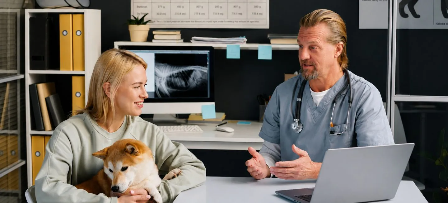 Veterinarian consulting a pet owner holding a shiba inu