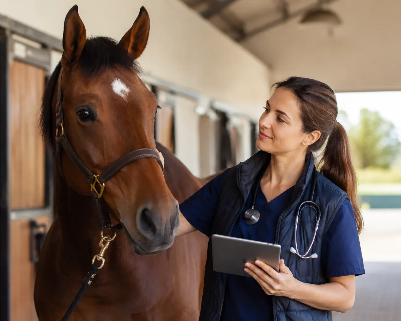 Equine veterinarian with a horse in a stable