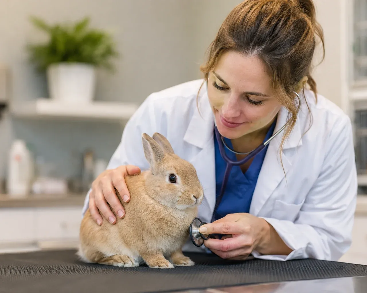 Veterinarian examining a rabbit with a stethoscope