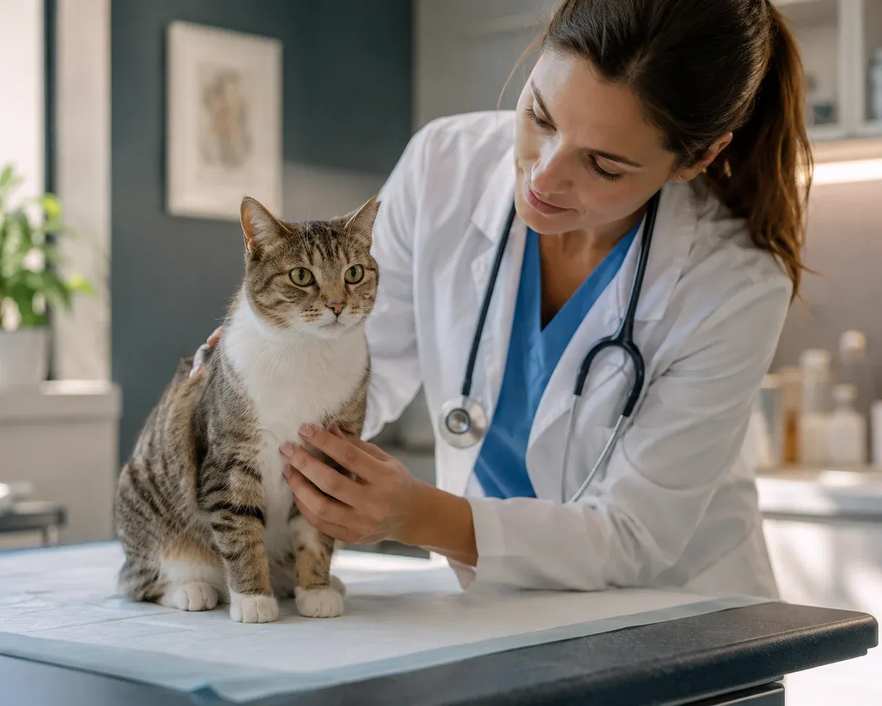 Veterinarian examining a tabby cat on an exam table